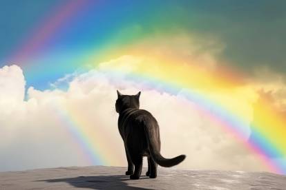 image-d-un-chat-noir-sur-des-nuages-devant-un-arc-en-ciel